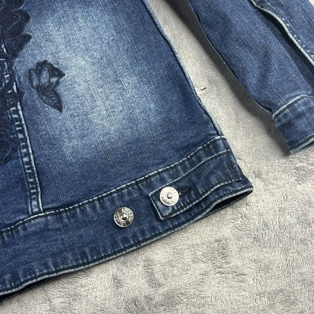 Lularoe Harvey Denim Jean Jacket Embroidered Floral Dark Wash Women Large Button